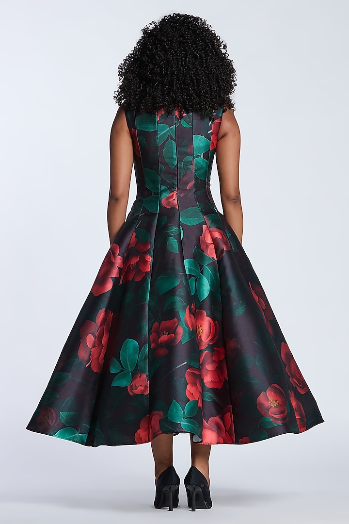 Black & Red Mikado Printed Midi Party Wear Dress by Gauri and Nainika at Pernia's Pop Up Shop