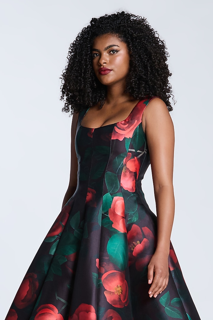 Black & Red Mikado Printed Midi Party Wear Dress by Gauri and Nainika at Pernia's Pop Up Shop