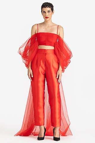 Red Net Off-Shoulder Draped Top by Gauri And Nainika