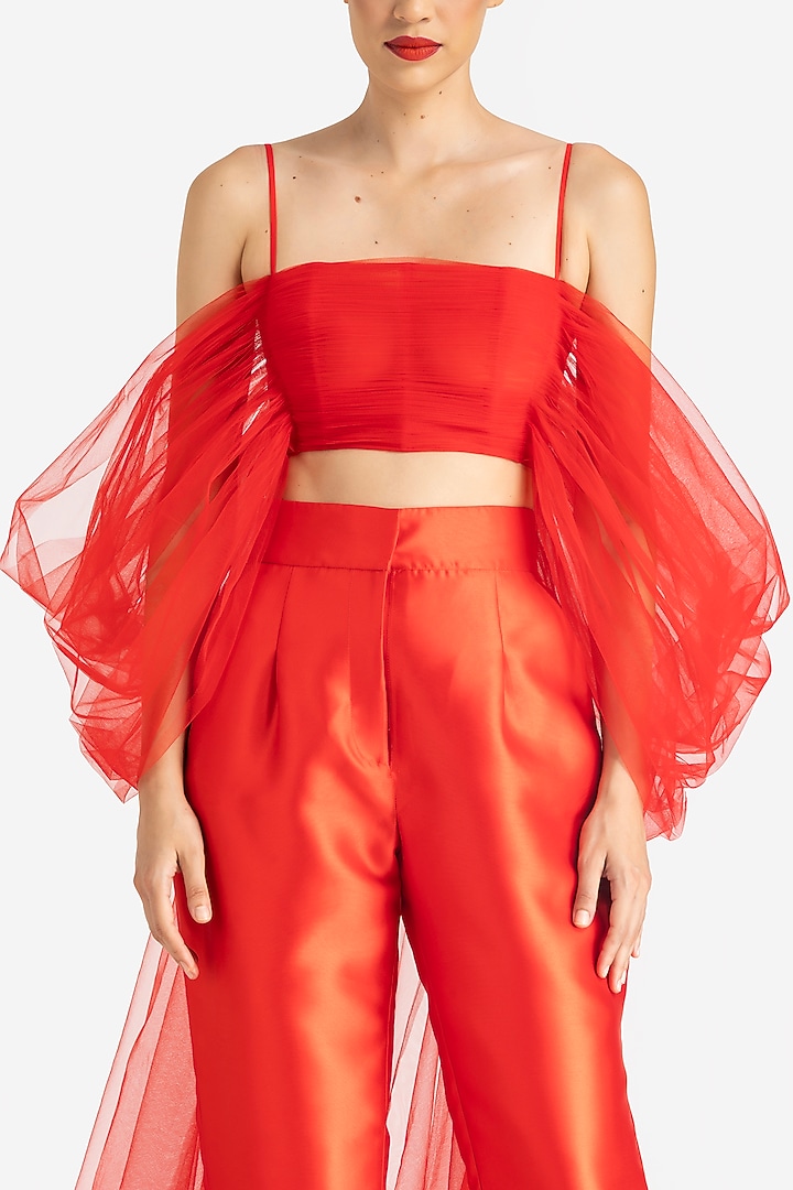 Red Net Off-Shoulder Draped Top by Gauri And Nainika at Pernia's Pop Up Shop