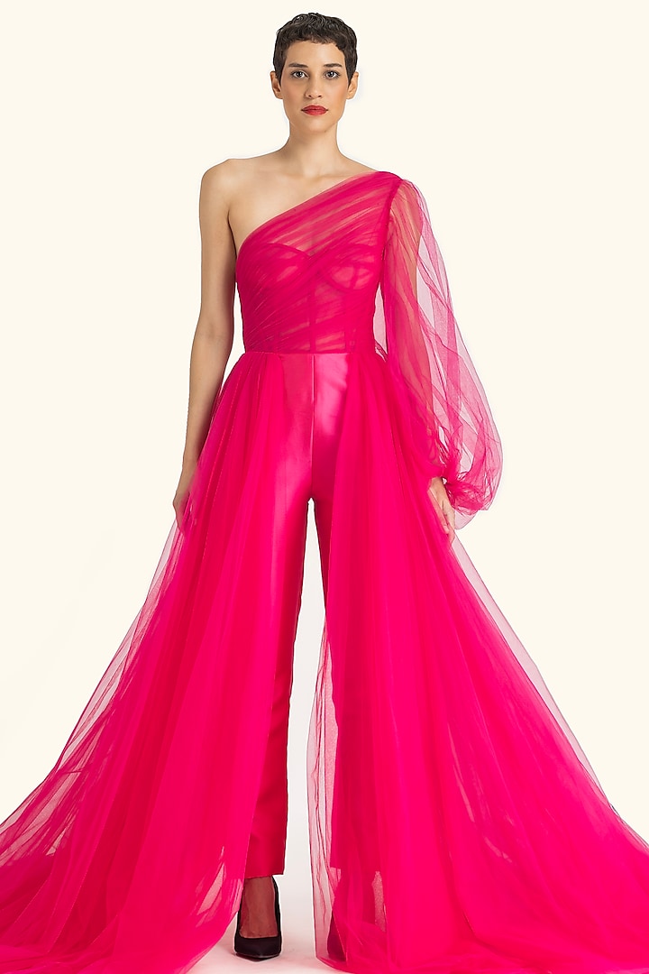 Fuchsia Mikado & Net One-Shoulder Draped Jumpsuit by Gauri And Nainika at Pernia's Pop Up Shop