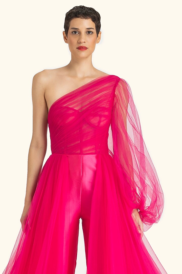 Fuchsia Mikado & Net One-Shoulder Draped Jumpsuit by Gauri And Nainika at Pernia's Pop Up Shop