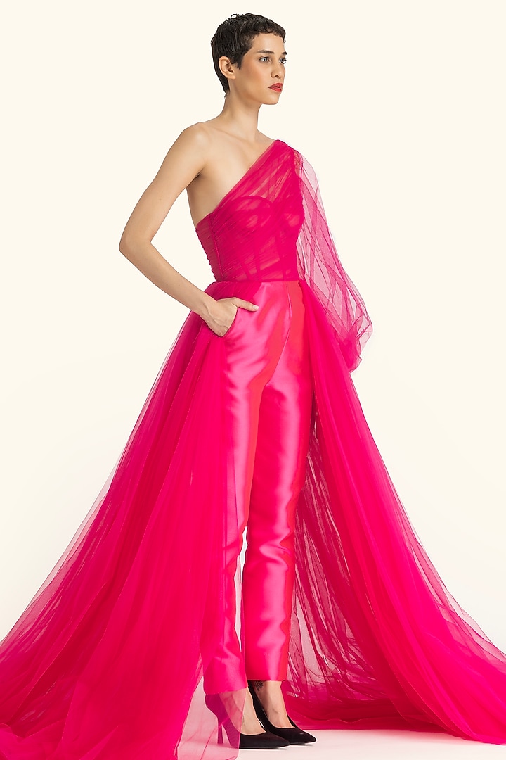 Fuchsia Mikado & Net One-Shoulder Draped Jumpsuit by Gauri And Nainika at Pernia's Pop Up Shop