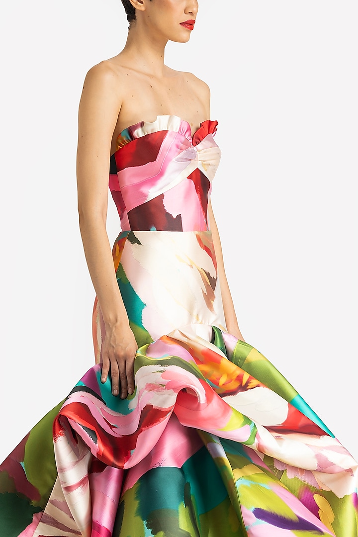Multi-Colored Mikado Printed Strapless Bridal Gown by Gauri And Nainika at Pernia's Pop Up Shop