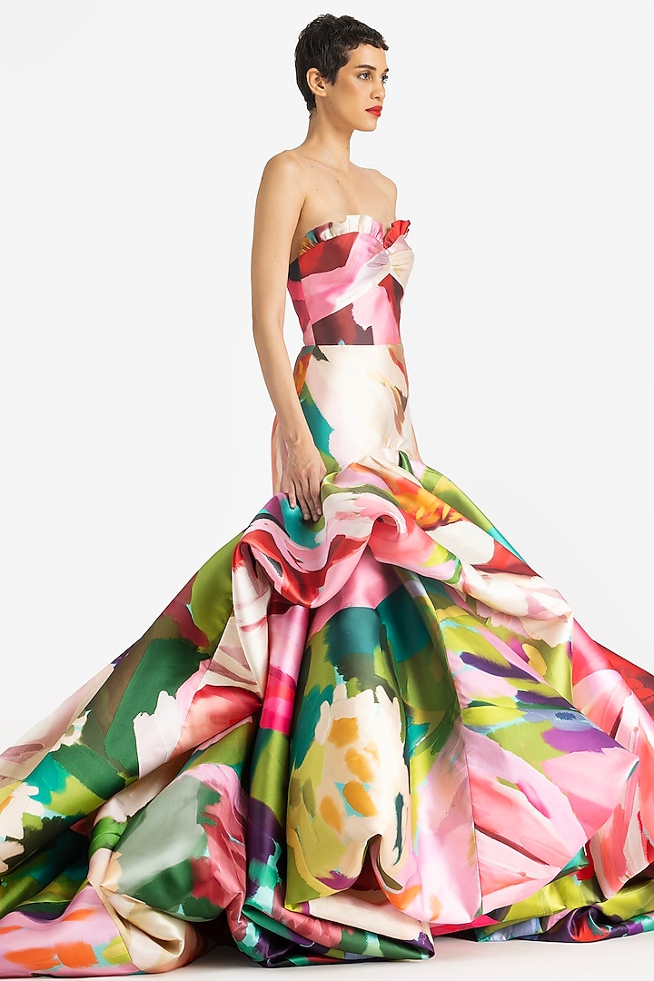 Multi-Colored Mikado Printed Strapless Bridal Gown by Gauri And Nainika at Pernia's Pop Up Shop
