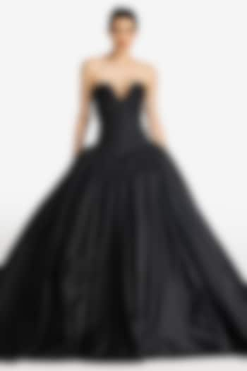 Black Duchess Satin Strapless Gown by Gauri And Nainika at Pernia's Pop Up Shop