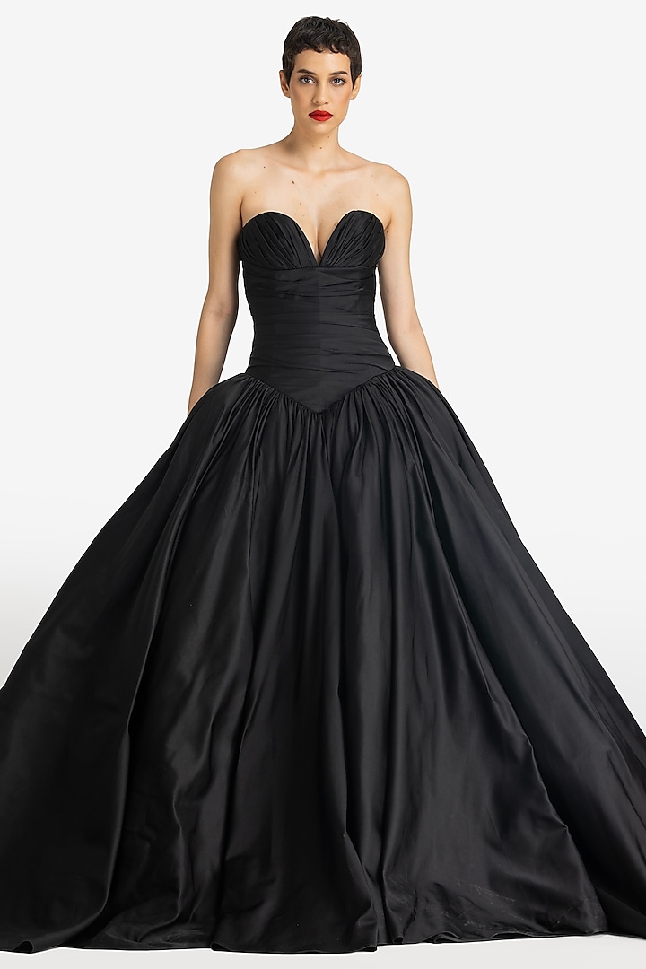 Black Duchess Satin Strapless Gown by Gauri And Nainika at Pernia's Pop Up Shop