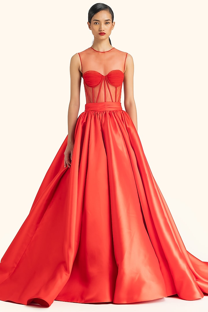 Red Mikado & Tulle Draped Flared Gown by Gauri And Nainika at Pernia's Pop Up Shop