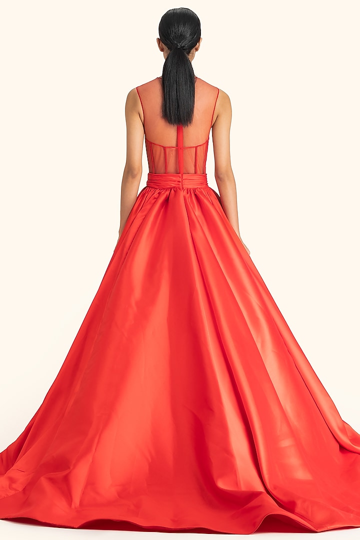 Red Mikado & Tulle Draped Flared Bridal Gown by Gauri And Nainika at Pernia's Pop Up Shop