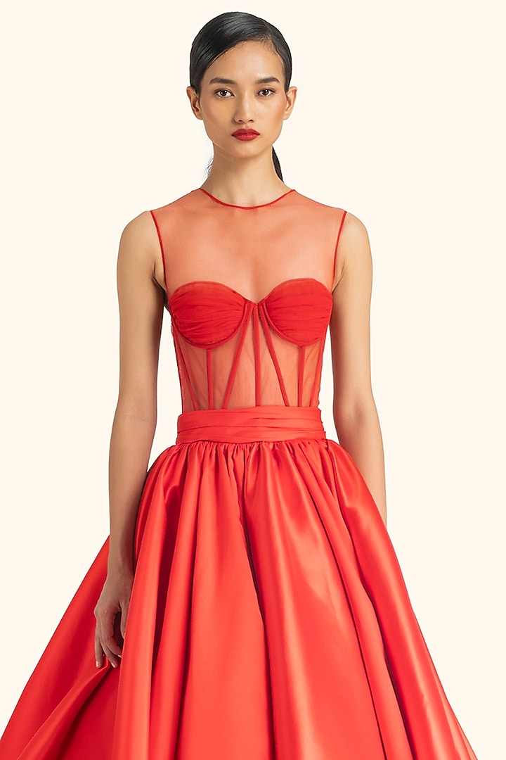 Red Mikado & Tulle Draped Flared Bridal Gown by Gauri And Nainika at Pernia's Pop Up Shop