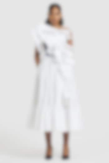 White Cotton Embroidered One-Shoulder Ruffled Midi Dress by Gauri and Nainika at Pernia's Pop Up Shop