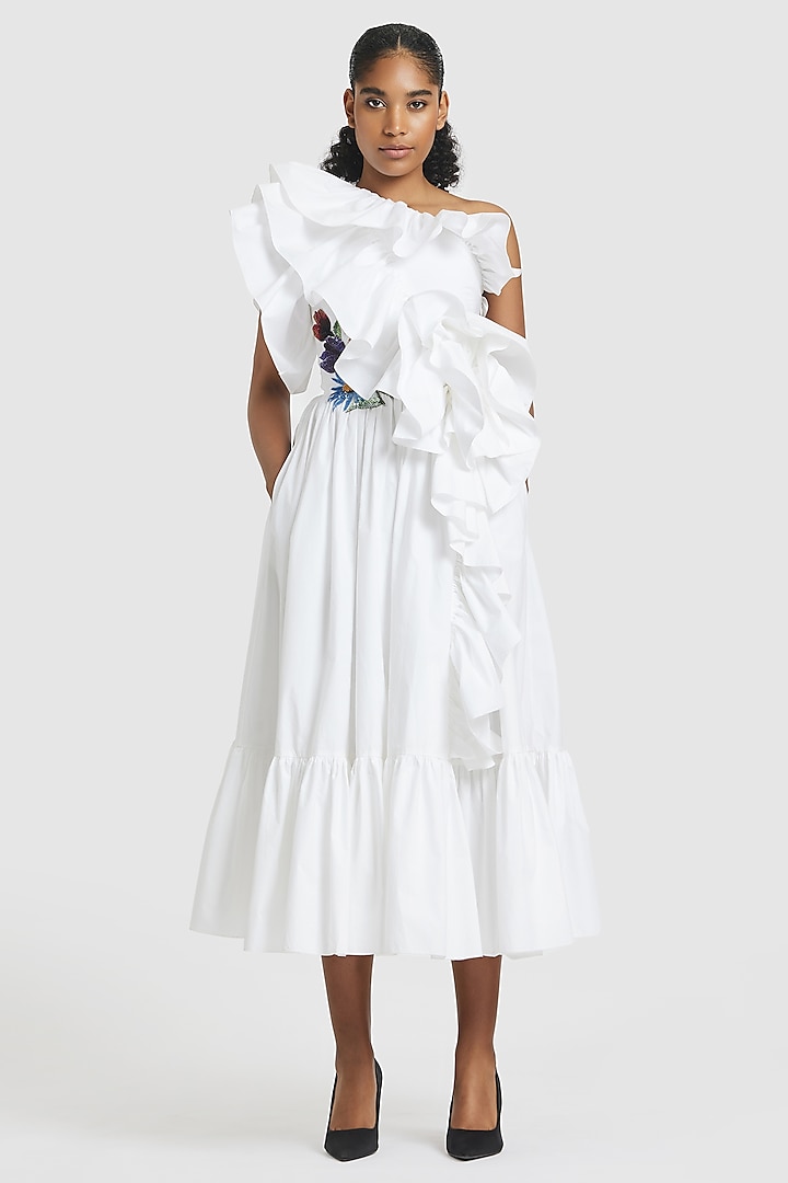 White Cotton Embroidered One-Shoulder Ruffled Midi Dress by Gauri and Nainika at Pernia's Pop Up Shop