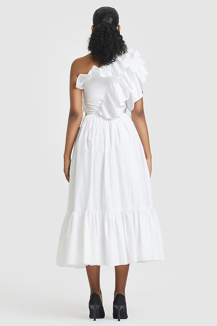 White Cotton Embroidered One-Shoulder Ruffled Midi Party Wear Dress by Gauri and Nainika at Pernia's Pop Up Shop