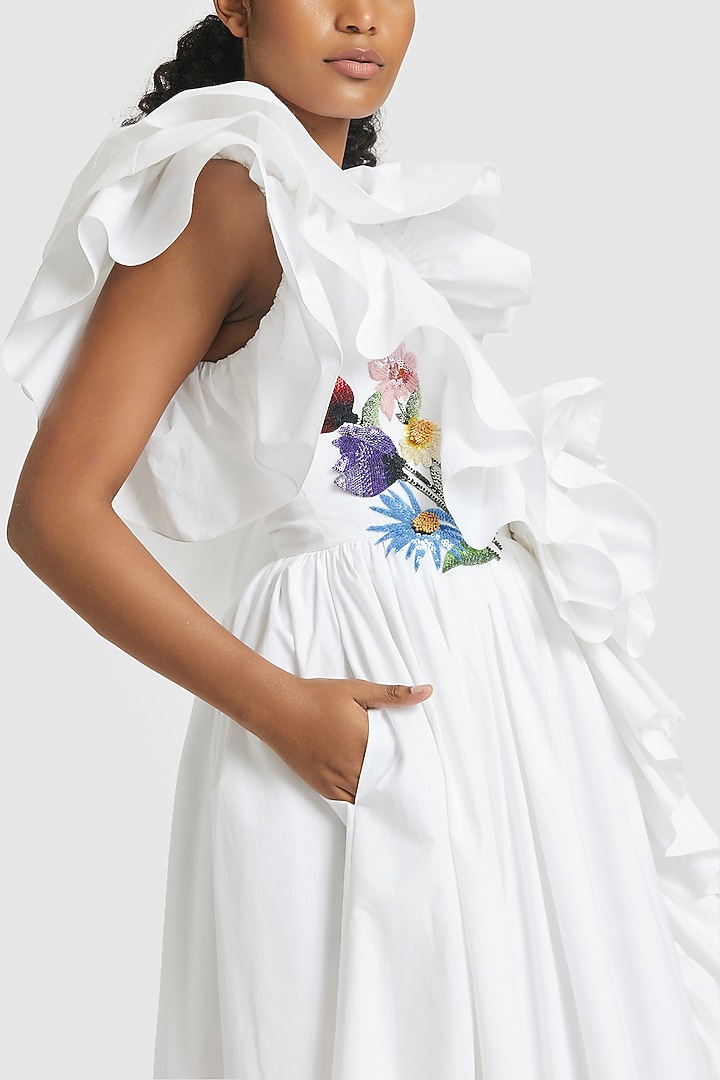 White Cotton Embroidered One-Shoulder Ruffled Midi Party Wear Dress by Gauri and Nainika at Pernia's Pop Up Shop
