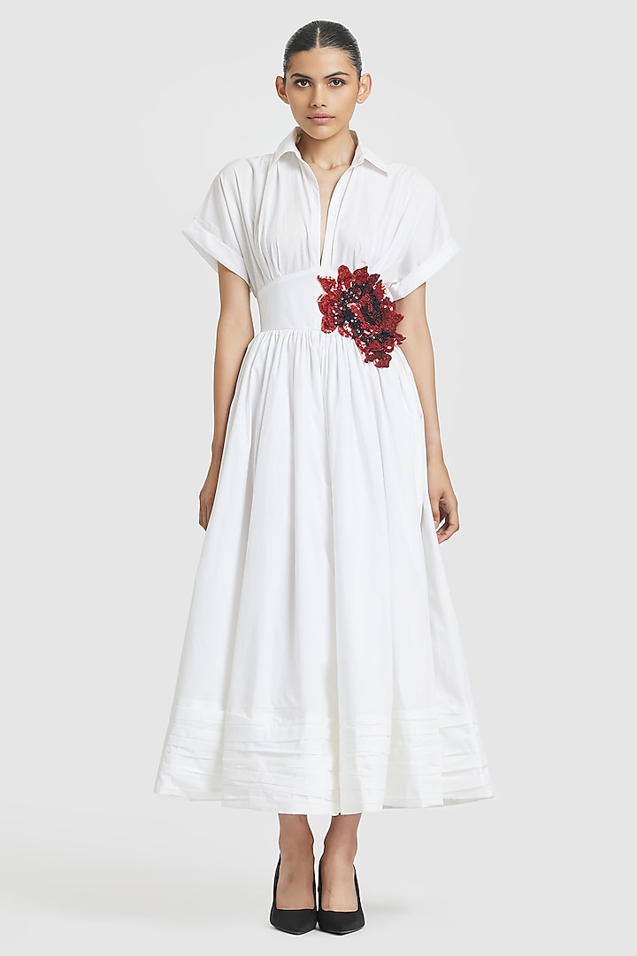 White Cotton Floral Hand Embroidered Shirt Dress by Gauri and Nainika at Pernia's Pop Up Shop