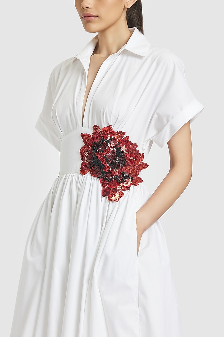 White Cotton Floral Hand Embroidered Party Wear Shirt Dress by Gauri and Nainika at Pernia's Pop Up Shop
