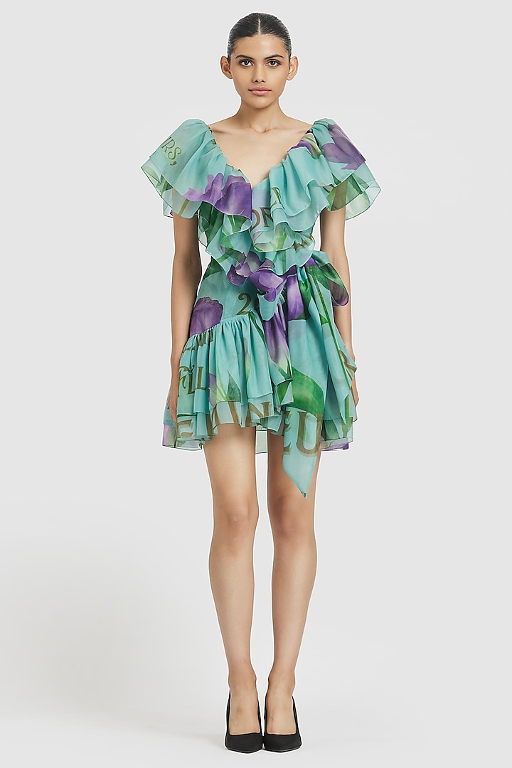 Blue Organza Printed Ruffled Wrap Mini Dress by Gauri and Nainika at Pernia's Pop Up Shop