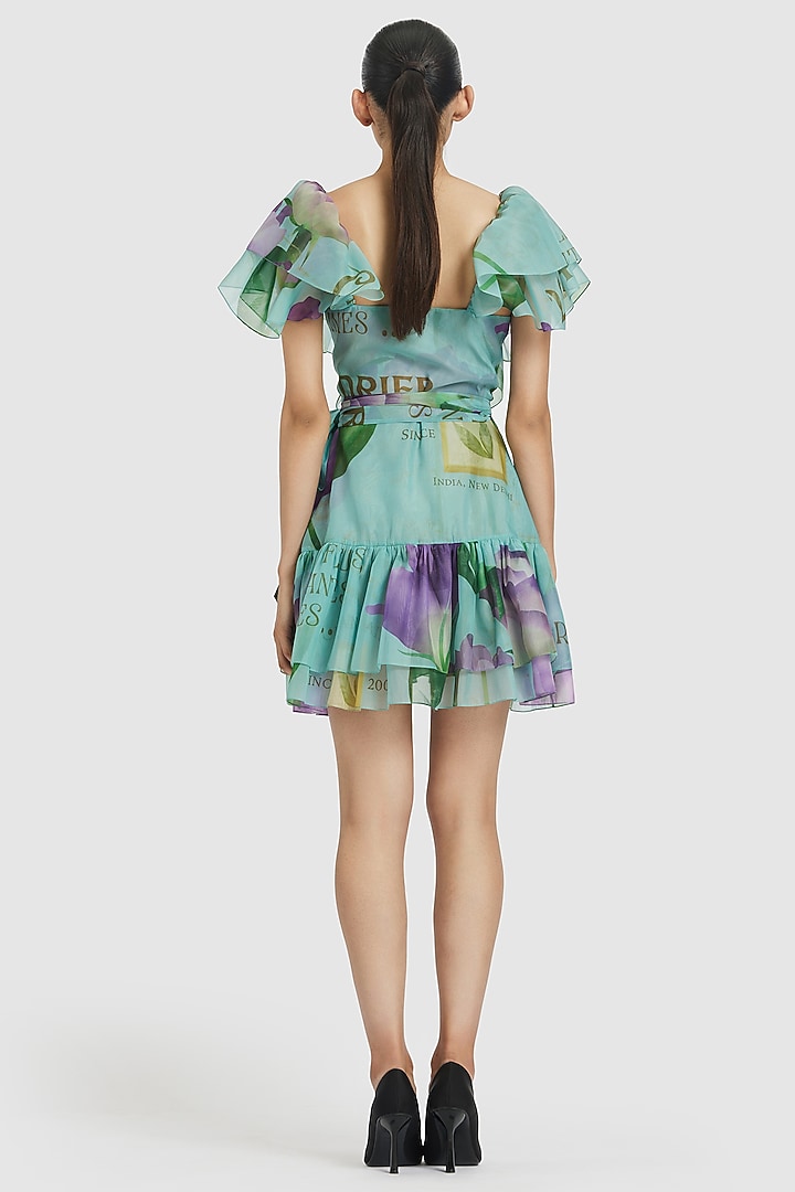 Blue Organza Printed Ruffled Wrap Mini Party Wear Dress by Gauri and Nainika at Pernia's Pop Up Shop