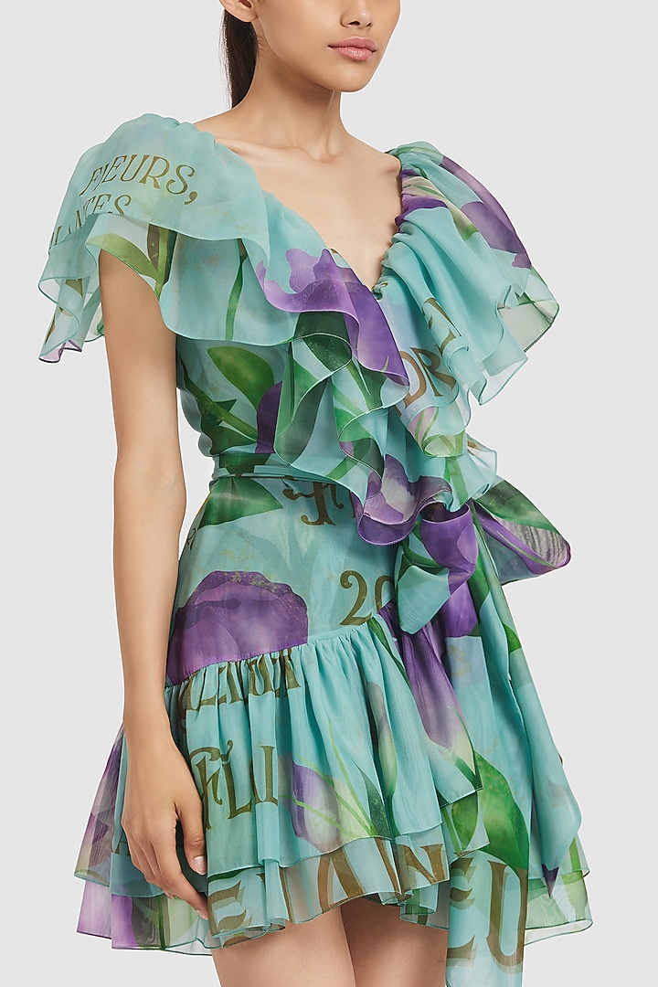 Blue Organza Printed Ruffled Wrap Mini Party Wear Dress by Gauri and Nainika at Pernia's Pop Up Shop