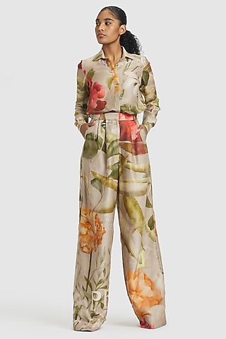 Brown Chanderi Floral Printed Shirt by Gauri and Nainika