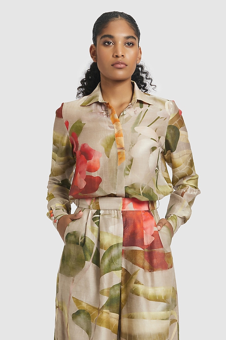 Brown Chanderi Floral Printed Shirt by Gauri and Nainika at Pernia's Pop Up Shop