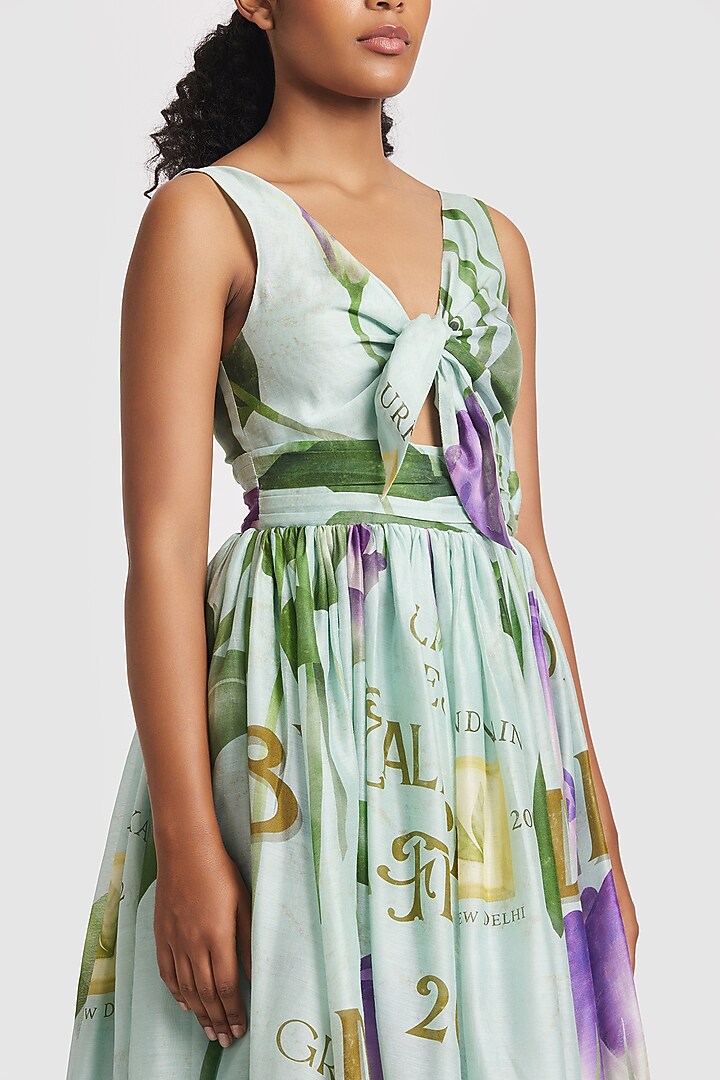 Blue Chanderi Printed Midi Party Wear Dress by Gauri And Nainika at Pernia's Pop Up Shop