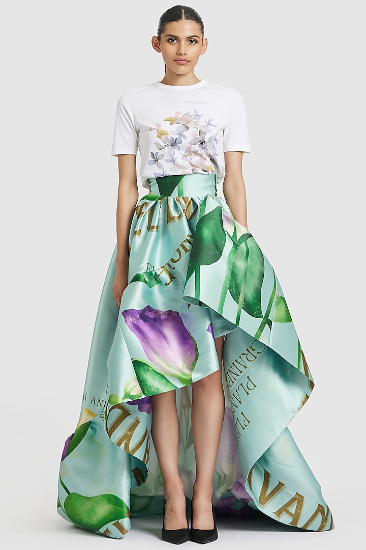 Blue Mikado Floral Printed High-Low Skirt by Gauri And Nainika at Pernia's Pop Up Shop