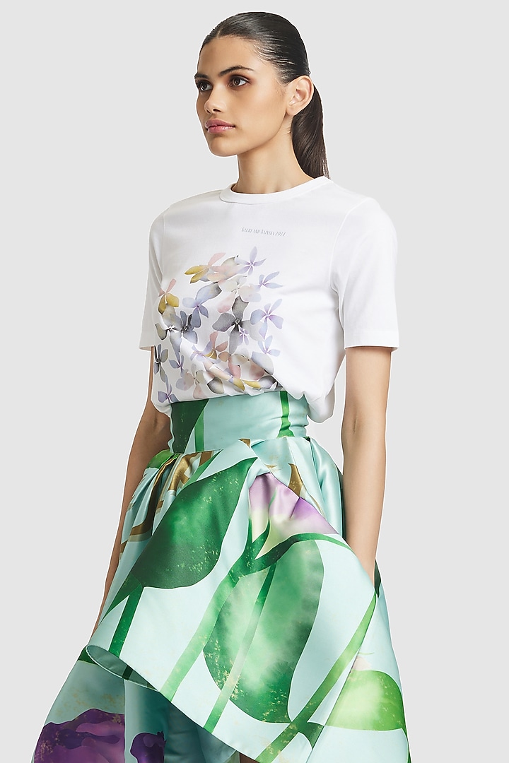 Blue Mikado Floral Printed High-Low Skirt by Gauri And Nainika at Pernia's Pop Up Shop