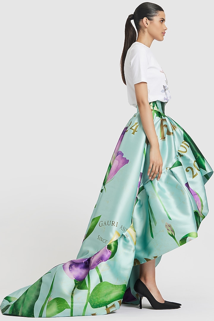 Blue Mikado Floral Printed High-Low Skirt by Gauri And Nainika at Pernia's Pop Up Shop