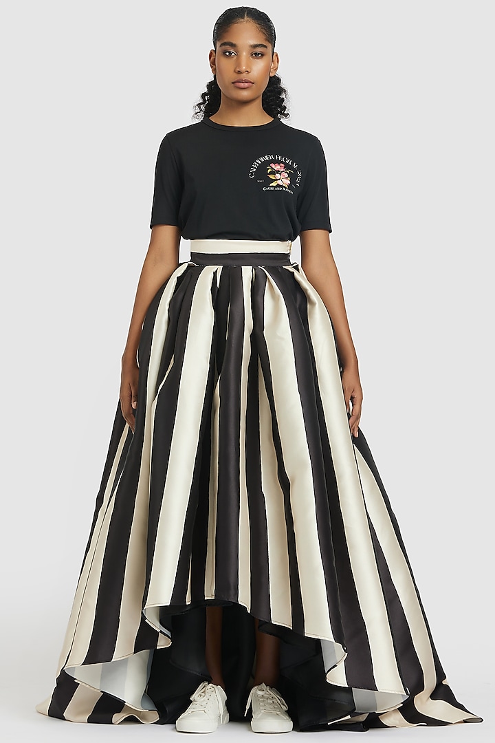 Black & Ivory Mikado High-Low Striped Skirt by Gauri And Nainika at Pernia's Pop Up Shop