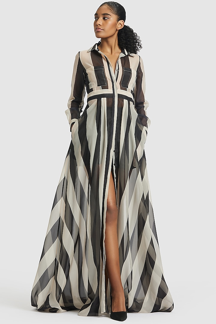 Black & White Organza Striped Shirt Dress by Gauri And Nainika at Pernia's Pop Up Shop