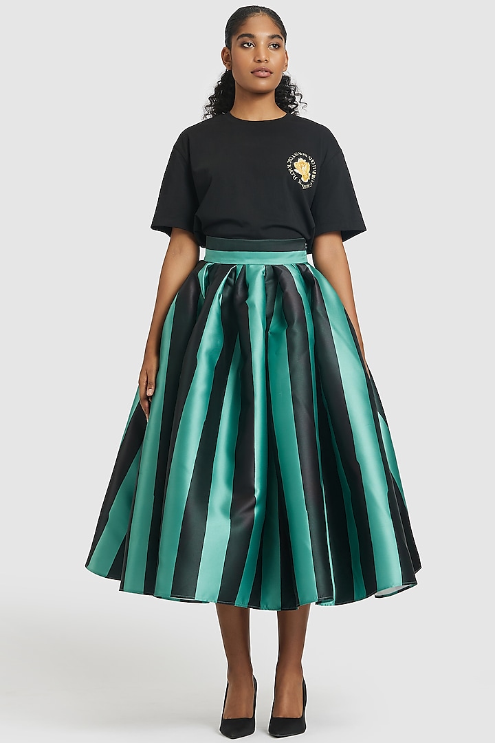 Green & Black Mikado Striped Skirt by Gauri And Nainika at Pernia's Pop Up Shop