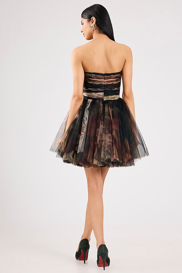 Black Tulle Printed Strapless Party Wear Dress by Gauri And Nainika at Pernia's Pop Up Shop