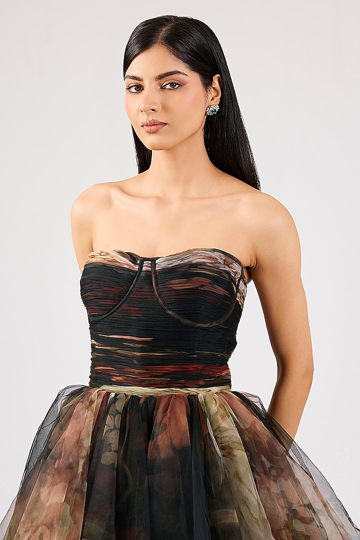 Black Tulle Printed Strapless Party Wear Dress by Gauri And Nainika at Pernia's Pop Up Shop