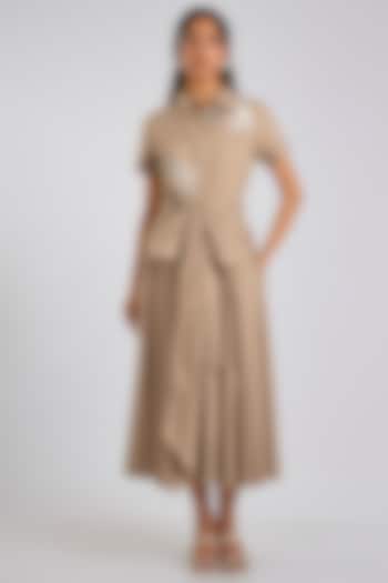 Khaki Beige Cotton Thread Embroidered Shirt Cocktail Dress by Gauri And Nainika at Pernia's Pop Up Shop