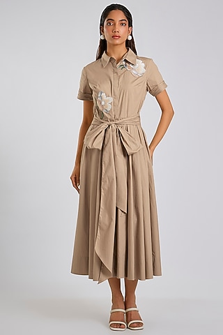 Khaki Beige Cotton Thread Embroidered Shirt Dress by Gauri And Nainika