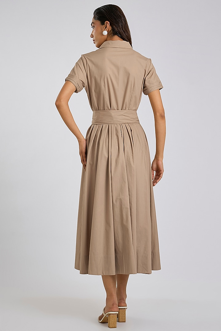 Khaki Beige Cotton Thread Embroidered Shirt Cocktail Dress by Gauri And Nainika at Pernia's Pop Up Shop