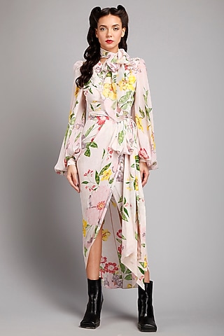 Pink Crepe & Chiffon Floral Printed Wrap Dress by Gauri And Nainika