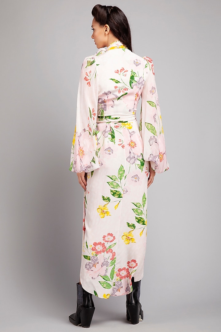Pink Crepe & Chiffon Floral Printed Wrap Party Wear Dress by Gauri And Nainika at Pernia's Pop Up Shop