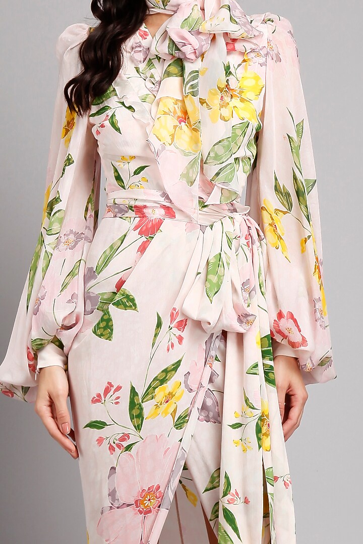 Pink Crepe & Chiffon Floral Printed Wrap Party Wear Dress by Gauri And Nainika at Pernia's Pop Up Shop