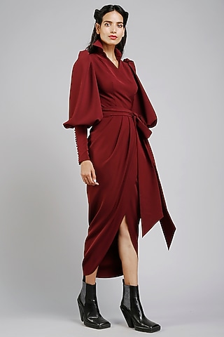 Berry-Colored Micro Wrap Dress by Gauri And Nainika