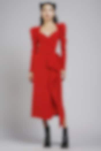 Red Wrap Dress With Cowl Sleeves by Gauri And Nainika
