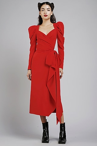 Red Micro Wrap Dress by Gauri And Nainika