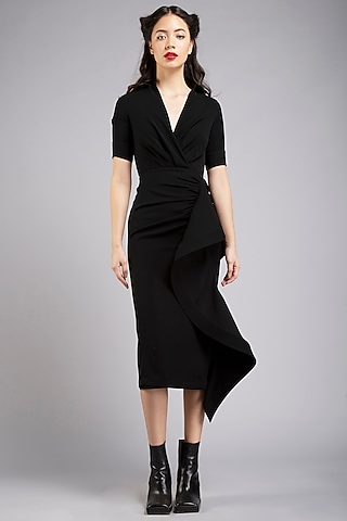 Black Micro Frilled Pencil Dress by Gauri And Nainika