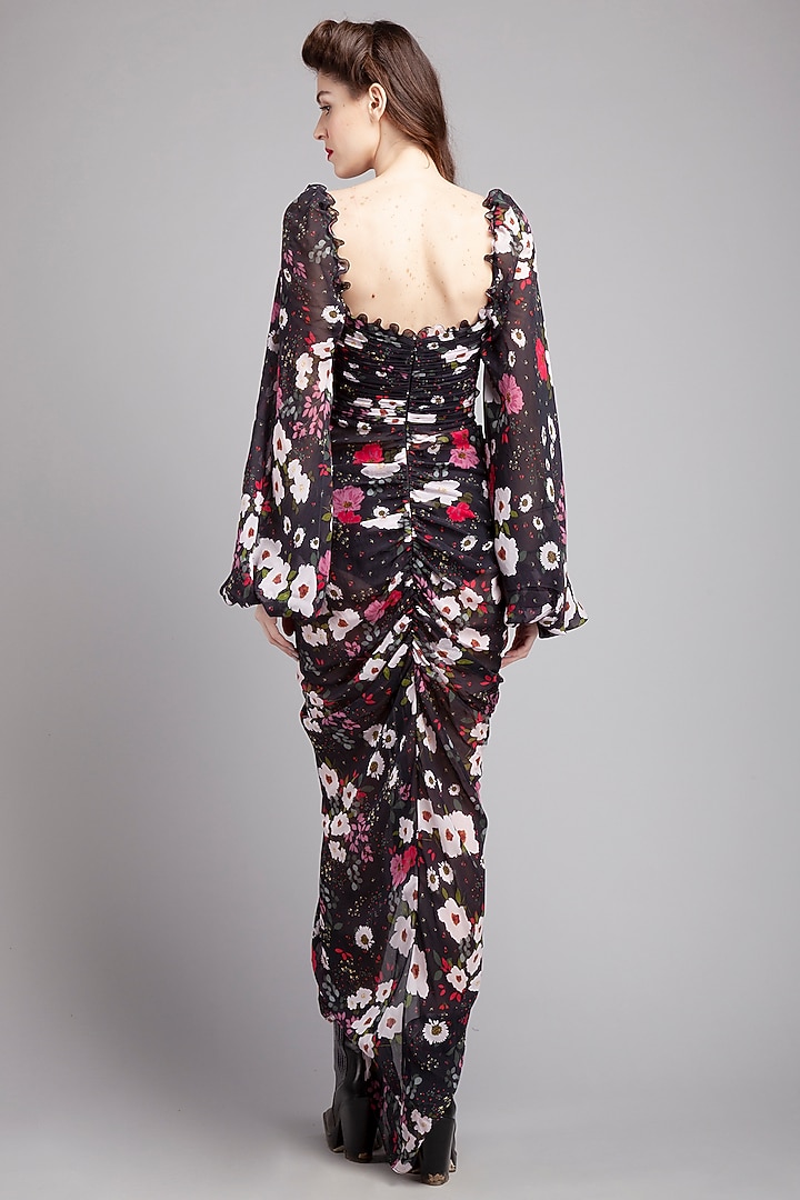 Black Chiffon Frilled Draped Party Wear Dress by Gauri And Nainika at Pernia's Pop Up Shop