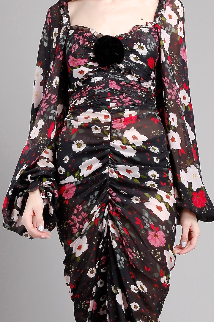 Black Chiffon Frilled Draped Party Wear Dress by Gauri And Nainika at Pernia's Pop Up Shop
