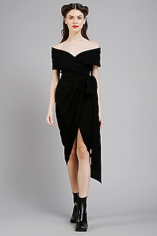 Black Micro Wrap Midi Dress by Gauri And Nainika