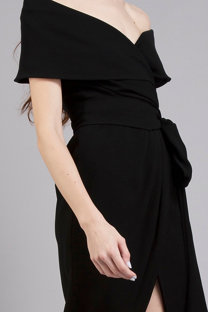 Black Micro Wrap Midi Party Wear Dress by Gauri And Nainika at Pernia's Pop Up Shop