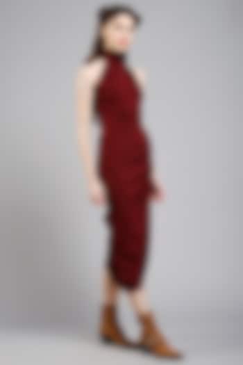 Berry Asymmetric Dress With Halter High Neck by Gauri And Nainika
