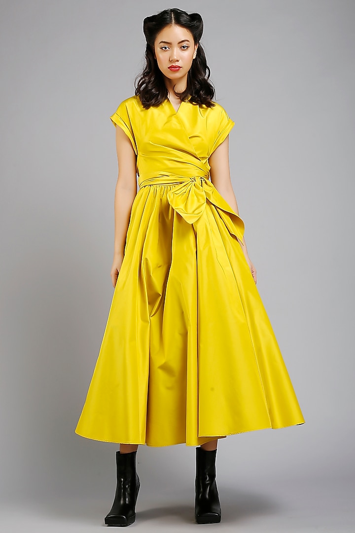 Mustard Wrap Dress With Drop Sleeves by Gauri And Nainika